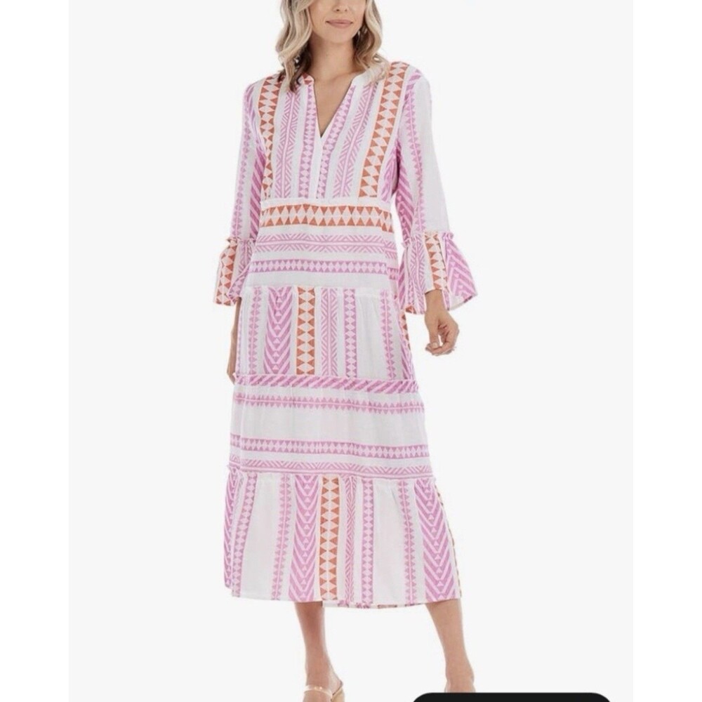 Mud Pie Women's L Pink White Orange Geometric V-Neck 3/4 Bell Midi Dress